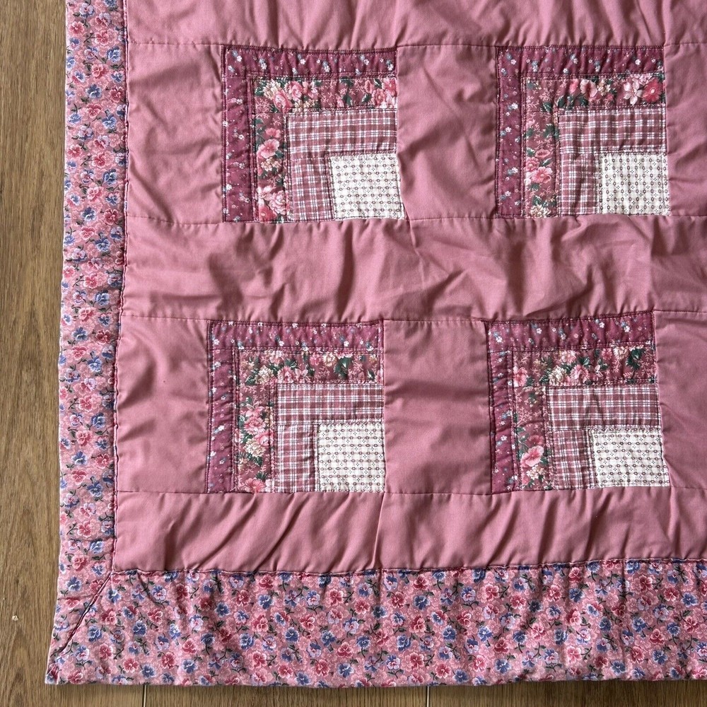 VTG Quilt Baby Blanket Crib Pink Flowers Plaid Farmhouse Country Cottage Squares